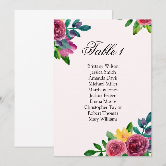 Romantische bloemen trouw zitplaatskaart. Tafelpla Kaart (Voorkant / Achterkant)
