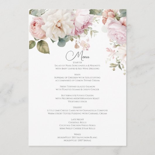 Romantische bloemen waterverf rozen bruiloft menu (Voorkant)
