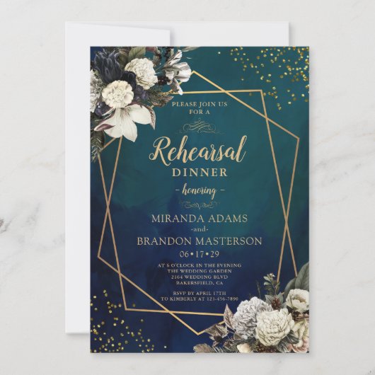 Romantische bloemengouden krans oefendiner kaart (Voorkant)