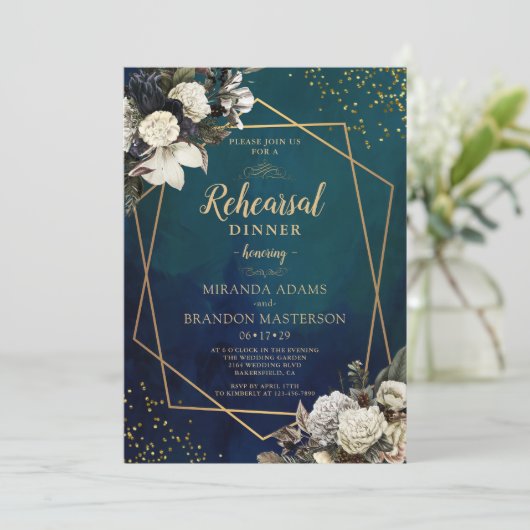 Romantische bloemengouden krans oefendiner kaart (Staand voorkant)