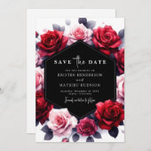 Romantische Bloemenkarmozijnrode bruiloft Save The Date (Voorkant / Achterkant)