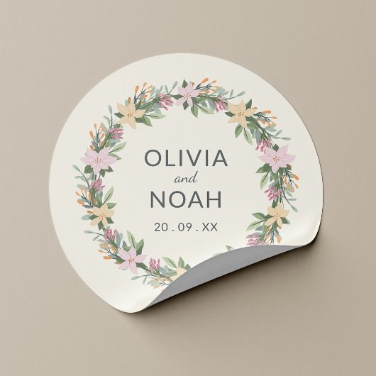 Romantische bloemenkrans bruiloft ronde sticker