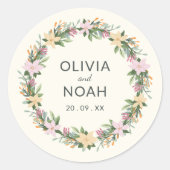 Romantische bloemenkrans bruiloft ronde sticker (Voorkant)