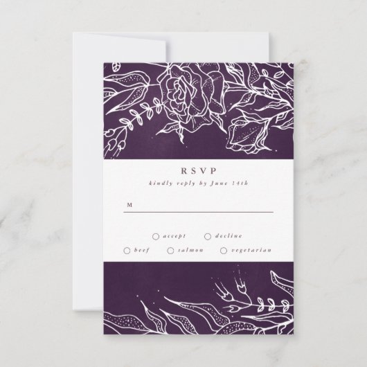 Romantische bloemenkrans paarse bruiloft RSVP kaartje (Voorkant)
