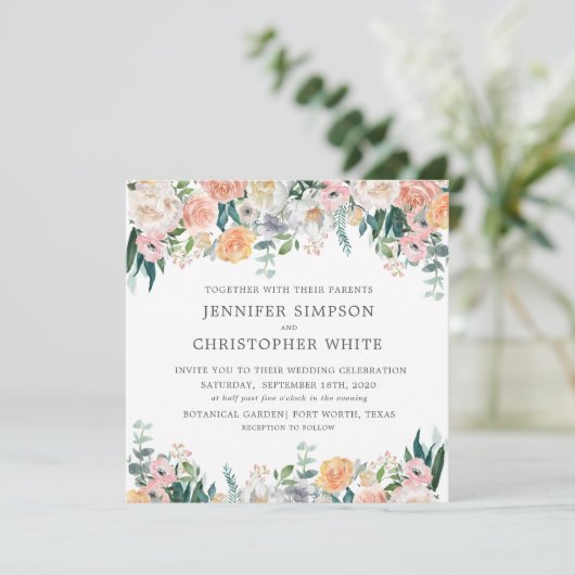 Romantische Bloemenplein bruiloft uitnodiging Kaar (Staand voorkant)