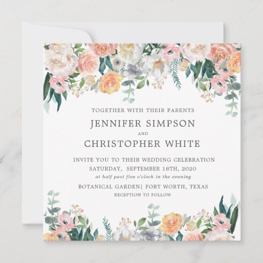 Romantische Bloemenplein bruiloft uitnodiging Kaar (Voorkant)