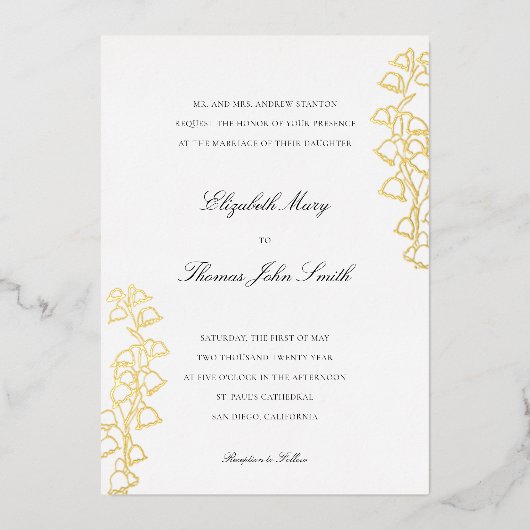 Romantische Bloemenschets Lily Valley Formele brui Folie Uitnodiging (Voorkant)