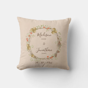 Romantische bloemenscript krans groen personaliser kussen