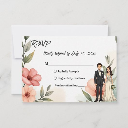 Romantische bloementuin bruid en bruidegom bruilof RSVP kaartje (Voorkant)