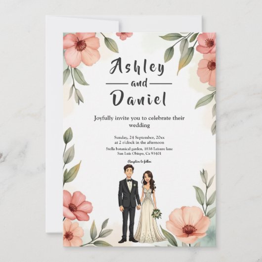 Romantische bloementuin bruid en bruidegom trouwen kaart (Voorkant)