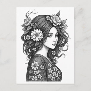 Romantische bloemenvrouw lijnkunst briefkaart