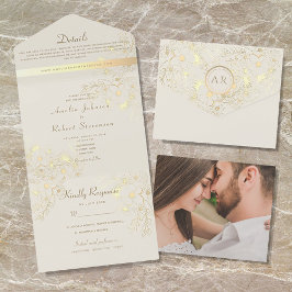 Romantische Bloemige Champagne Gouden Bruiloft All In One Uitnodiging