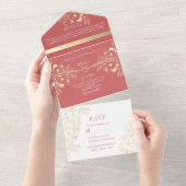 Romantische Bloemige Koraalbruiloft All In One Uitnodiging (Afscheurbaar)