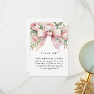 Romantische bloemige roze strik baby shower bedankkaart