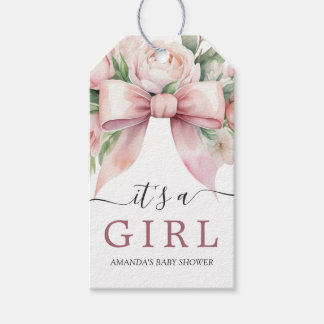 Romantische bloemige roze strik baby shower cadeaulabel