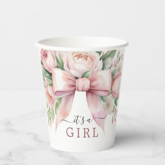 Romantische bloemige roze strik baby shower papieren bekers