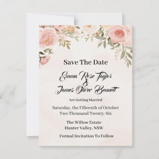Romantische bloemige 'Save the Date'-kaart Save The Date (Voorkant)