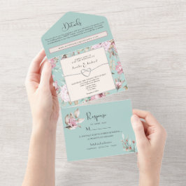 Romantische Bloemige Toile Bruiloft All In One Uitnodiging