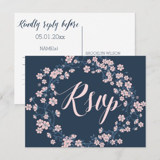 Romantische bloemige trouw-RSVP-ansichtkaarten roz Uitnodiging Briefkaart (Voorkant / Achterkant)