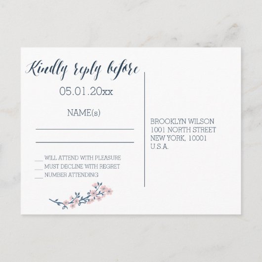 Romantische bloemige trouw-RSVP-ansichtkaarten roz Uitnodiging Briefkaart (Achterkant)