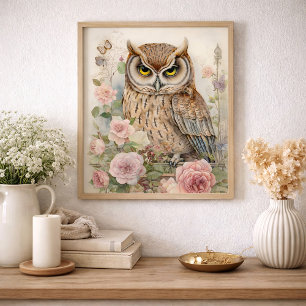Romantische bloemige uil waterverf natuur poster