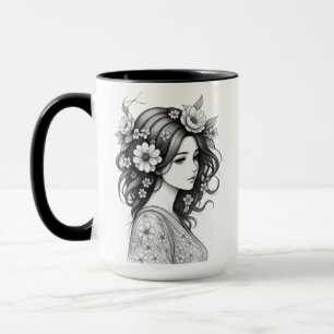 Romantische bloemige vrouw lijnkunst mok
