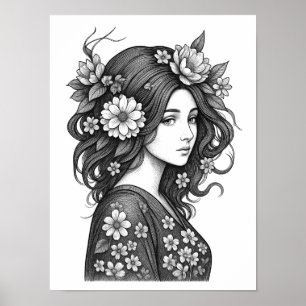 Romantische bloemige vrouw lijnkunst poster