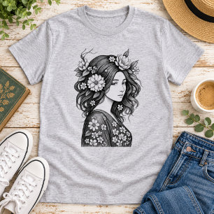Romantische bloemige vrouw lijnkunst t-shirt