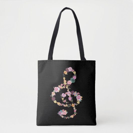 Romantische Bloemmuziek Treble Cleve op zwart Tote Bag (Voorkant)