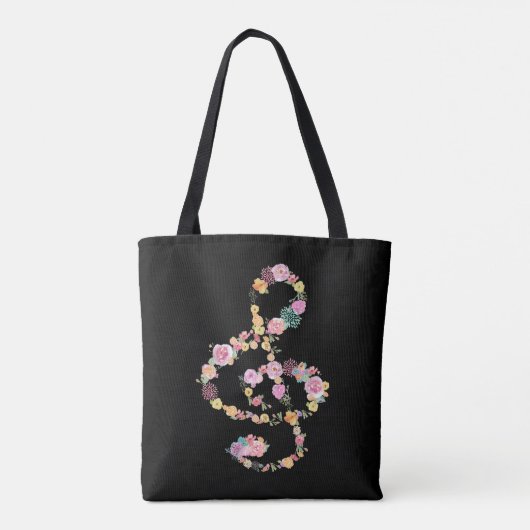 Romantische Bloemmuziek Treble Cleve op zwart Tote Bag (Achterkant)