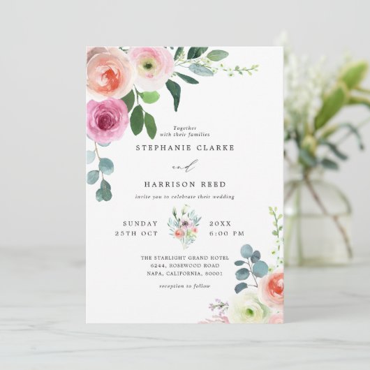 Romantische Bloesem Blush Roze & Witte Bloemen Huw Kaart (Staand voorkant)