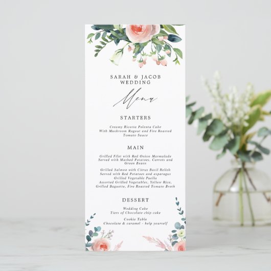 Romantische Bloesems Blush Roze Bloemen Trouwmenu Menu (Staand voorkant)