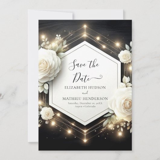 Romantische Bloom White Roses bruiloft Save The Date (Voorkant)