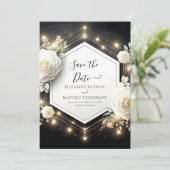 Romantische Bloom White Roses bruiloft Save The Date (Staand voorkant)