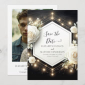 Romantische Bloom White Roses bruiloft Save The Date (Voorkant / Achterkant)