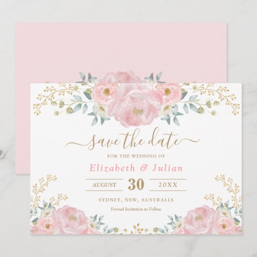 Romantische Bloom Zacht Roze Goud Bloemen Save the Kaart (Voorkant / Achterkant)