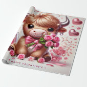 Romantische Blooms Highland Koe Valentijns Cadeaupapier (Uitgerold)