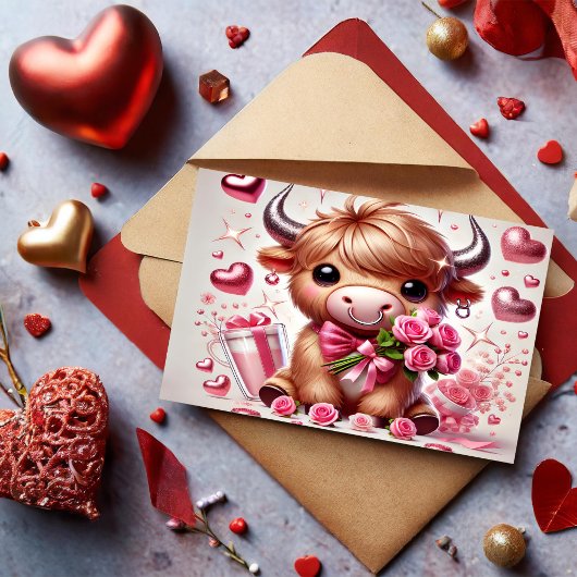 Romantische Blooms Highland Koe Valentijns Feestdagenkaart