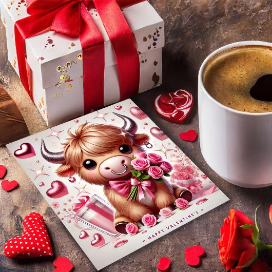 Romantische Blooms Highland Koe Valentijns Feestdagenkaart