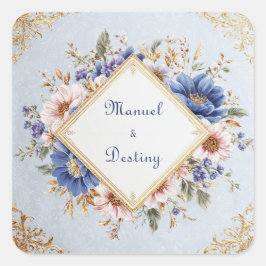 Romantische Blos Roze Blauw Gouden Bloem Diamanten Vierkante Sticker