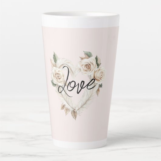 Romantische Blos Rozen Veren Hart Liefde Latte Mok (Voorkant)
