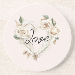 Romantische Blos Rozen Veren Hart Liefde Zandsteen Onderzetter