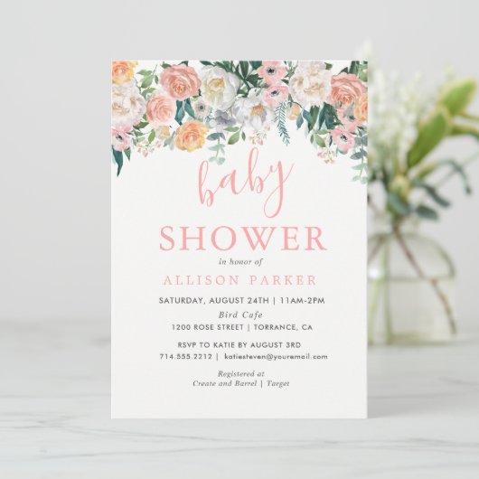 Romantische blozende bloemen baby shower uitnodigi kaart (Staand voorkant)