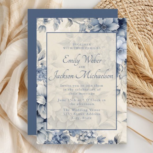 Romantische Blue Cream  Bloemen Huwelijk Kaart