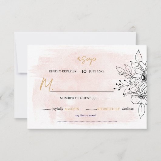 Romantische Blush-aquarel met zwarte botanische el RSVP Kaartje (Voorkant)