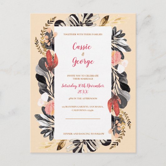 Romantische Blush & Black Bloemen Huwelijksuitnodi Briefkaart (Voorkant)