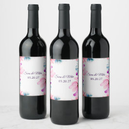 Romantische Blush & Blau bloemige Trouwuitnodiging Wijn Etiket