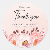 Romantische Blush Bloemen bruiloft Dank u Ronde Sticker (Voorkant)