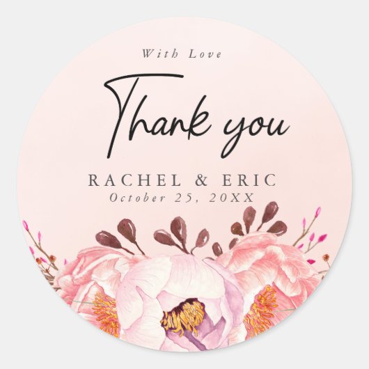Romantische Blush Bloemen bruiloft Dank u Ronde Sticker (Voorkant)