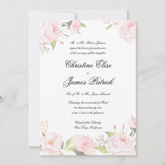 Romantische Blush Bloemen Bruiloftsinvitaties Kaart (Voorkant)